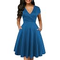 oxiuly Women's Vintage Dot V-Neck Cap Sleeve Casual Pockets Swing Tea Dress OX296
