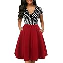 oxiuly Women's Vintage Dot V-Neck Cap Sleeve Casual Pockets Swing Tea Dress OX296