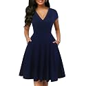 oxiuly Women's Vintage Dot V-Neck Cap Sleeve Casual Pockets Swing Tea Dress OX296