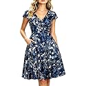 oxiuly Women's Vintage Dot V-Neck Cap Sleeve Casual Pockets Swing Tea Dress OX296