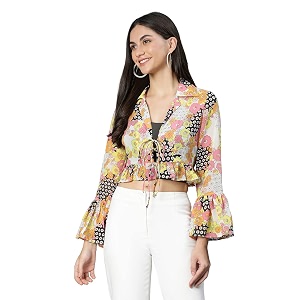 oxolloxo print bell sleeved women tie-cup top