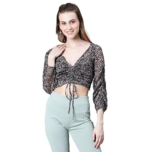 oxolloxo Women Floral Print Semi-Sheer Round Neck