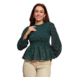 oxolloxo Women Round Neck Long Sleeve Smocked