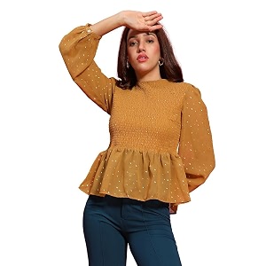 oxolloxo Women Round Neck Long Sleeve Smocked