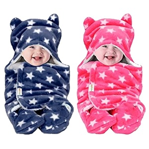 oyo baby dark blue amp pink star hooded baby blanket  ultra-soft fleece swaddle with booties 06 months  cozy infant sleep sack wearable wrapper amp nursery essential pack of 2 7268 cm