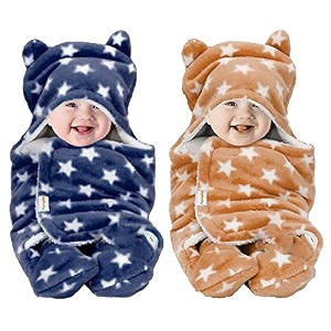 oyo baby baby hooded blankets combo  for new born babies baby boys baby girls babies for 0-6 months fleece skin friendly 2 blankets star beige star dar blue