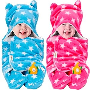 oyo baby baby blanket newborn swaddle wrapper - ultra soft wrap with hood amp booties warm fleece sleeping bag  new born baby essentials baby gift  star print 0-6 months 72x68 cm pink amp blue