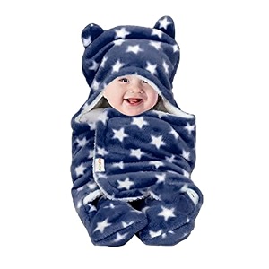 oyo baby ultra-soft baby swaddle wrap blanket with hood amp booties  warm fleece sleeping bag for newborns 06 months 72  68 cm  star print dark blue