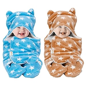 oyo baby baby blanket newborn swaddle wrapper - ultra soft wrap with hood amp booties warm fleece sleeping bag  new born baby essentials baby gift  star print 0-6 months 72x68 cm beige amp blue
