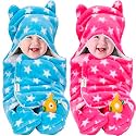 OYO BABY Baby Blanket Newborn Swaddle Wrapper - Ultra Soft Wrap with Hood &amp; Booties, Warm Fleece Sleeping Bag | New Born Baby Essentials, Baby Gift | Star Print, 0-6 Months, 72x68 cm, Pink &amp; Blue