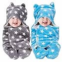 OYO BABY Baby Blanket Newborn Swaddle Wrapper - Ultra Soft Wrap with Hood &amp; Booties, Warm Fleece Sleeping Bag | New Born Baby Essentials, Baby Gift | Star Print, 0-6 Months, 72x68 cm, Grey &amp; Blue