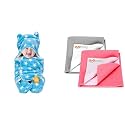 OYO BABY Ultra-Soft Fleece Swaddle Wrap Blanket with Hood &amp; Booties for Newborns 0-6M (72x68 cm, Blue Star Print) and Extra Absorbent Waterproof Dry Sheet Combo 2 (Grey+Salmon Rose, Small)
