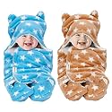 OYO BABY Baby Blanket Newborn Swaddle Wrapper - Ultra Soft Wrap with Hood &amp; Booties, Warm Fleece Sleeping Bag | New Born Baby Essentials, Baby Gift | Star Print, 0-6 Months, 72x68 cm, Beige &amp; Blue