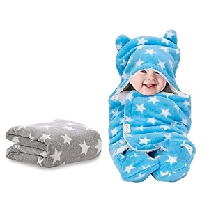 oyo baby baby blanket for new born babies - blanket for new born baby baby wrapper newborn  soft combo wrapper sleeping bag all season  baby gift  grey amp blue star printed