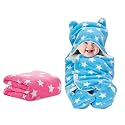 OYO BABY Baby Blankets Combo | for New Born Babies Baby Boys, Baby Girls, Babies for 0-6 Months, Fleece, Skin Friendly, 2 Blankets (Star Pink Square + Star Blue Hooded)