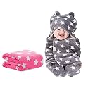 OYO BABY Soft Baby Blanket Set – Grey Hooded Wearable Blanket (72x68 cm) & Pink Square Blanket (95x70 cm) | 0-12 Months | Warm & Comfortable for Newborn Boys & Girls