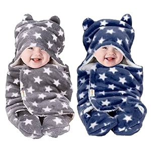 oyo baby baby blanket newborn swaddle wrapper - ultra soft wrap with hood amp booties warm fleece sleeping bag  new born baby essentials baby gift  star print 0-6 months 72x68 cm dark blue amp grey
