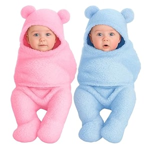 oyo baby baby swaddle wrap for newborn  soft fleece wearable blanket with hood amp ears  warm infant sleeping bag 0-6 months 70  68 cm pink amp blue
