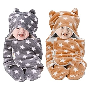 oyo baby baby blanket newborn swaddle wrapper - ultra soft wrap with hood amp booties warm fleece sleeping bag  new born baby essentials baby gift  star print 0-6 months 72x68 cm beige amp grey