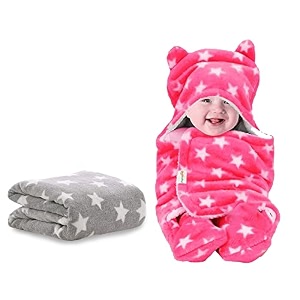 oyo baby baby blankets combo  for new born babies baby boys baby girls babies for 0-6 months fleece skin friendly 2 blankets star grey square  star pink hooded