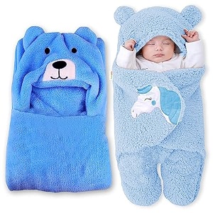 oyo baby newborn baby blanket combo pack  hooded sleeping bag amp baby blanket 0-12 months bear design amp unicorn embroidery microfiber fleece amp sherpa 84x80 amp 72x68 cm pack of 2