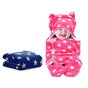 oyo baby baby blankets combo  for new born babies baby boys baby girls babies for 0-6 months fleece skin friendly 2 blankets star dark blue square  star pink hooded