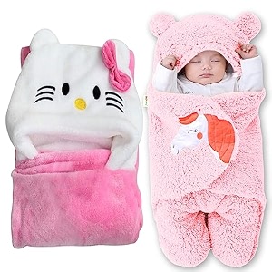 oyo baby polycotton newborn baby blanket combo  hooded wrapper sleeping bag amp baby bath towel 0-12 months baby boys amp girls pink kitty amp unicorn pack of 2