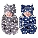 OYO BABY Baby Blanket Newborn Swaddle Wrapper - Ultra Soft Wrap with Hood & Booties, Warm Fleece Sleeping Bag | New Born Baby Essentials, Baby Gift | Star Print, 0-6 Months, 72x68 cm, Dark Blue & Grey