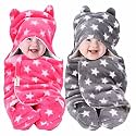 OYO BABY Baby Blanket Newborn Swaddle Wrapper - Ultra Soft Wrap with Hood &amp; Booties, Warm Fleece Sleeping Bag | New Born Baby Essentials, Baby Gift | Star Print, 0-6 Months, 72x68 cm, Pink &amp; Grey
