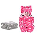 OYO BABY Baby Blankets Combo | for New Born Babies Baby Boys, Baby Girls, Babies for 0-6 Months, Fleece, Skin Friendly, 2 Blankets (Star Grey Square + Star Pink Hooded)