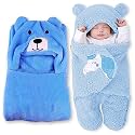 OYO BABY Newborn Baby Blanket Combo Pack – Hooded Sleeping Bag &amp; Baby Blanket (0-12 Months, Bear Design &amp; Unicorn Embroidery, Microfiber Fleece &amp; Sherpa, (84x80 &amp; 72x68 cm), Pack of 2