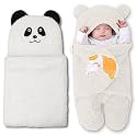 OYO BABY Newborn Baby Blanket Combo Pack – Hooded Wrapper Sleeping Bag & Baby Bath Towel (0-12 Months, Boys & Girls, Flannel, White Panda & Unicorn White, Pack of 2)
