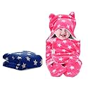 OYO BABY Baby Blankets Combo | for New Born Babies Baby Boys, Baby Girls, Babies for 0-6 Months, Fleece, Skin Friendly, 2 Blankets (Star Dark Blue Square + Star Pink Hooded)