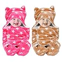 OYO BABY Baby Blanket Newborn Swaddle Wrapper - Ultra Soft Wrap with Hood &amp; Booties, Warm Fleece Sleeping Bag | New Born Baby Essentials, Baby Gift | Star Print, 0-6 Months, 72x68 cm, Beige &amp; Pink