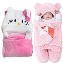OYO BABY Polycotton Newborn Baby Blanket Combo – Hooded Wrapper Sleeping Bag &amp; Baby Bath Towel (0-12 Months), Baby Boys &amp; Girls, Pink Kitty &amp; Unicorn, Pack of 2