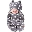 OYO BABY Ultra-Soft Baby Swaddle Wrap Blanket with Hood &amp; Booties – Warm Fleece Sleeping Bag for Newborns (0–6 Months 72 * 68 cm) – Star Print, Grey
