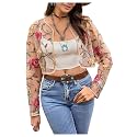 OYOANGLE Women's Floral Embroidered Sheer Bolero Open Front Crop Jackets