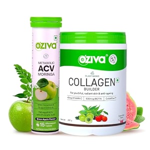 oziva vegan collagen guava glow with biotin amp vitamin c for brighter amp youthful skin 250 g and acv for weight loss3-in-1 fat oxidation15 effervescent tablets green apple