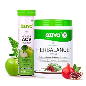 oziva plant based herbalance for pcos supplements for women 250g and acv moringa for weight loss3-in-1 fat oxidation formula 15 effervescent tablets green apple