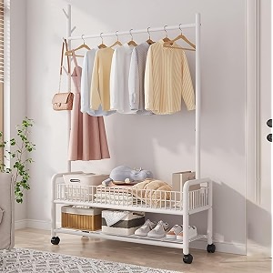 ozoy metal multifunctional garment stand cloth rack freestanding storage organizer with bottom shelves single pole coat hanger - 176x 90x 35 cm carbon-white-coat-rack