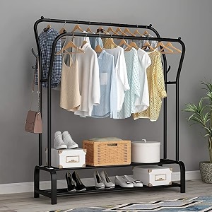 ozoy metal multifunctional garment stand cloth rack freestanding storage organizer with bottom shelves single pole coat hanger - 150 x 110 x 40 cm rail-black-coat-rack