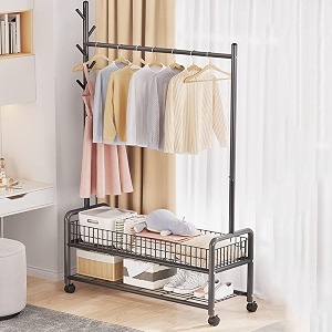 ozoy metal multifunctional garment stand cloth rack freestanding storage organizer with bottom shelves single pole coat hanger - 176x 90x 35 cm carbon-black-coat-rack