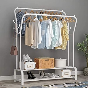 ozoy metal multifunctional garment stand cloth rack freestanding storage organizer with bottom shelves single pole coat hanger - 150 x 110 x 40 cm rail-white-coat-rack
