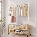 Ozoy Metal Multifunctional Garment Stand Cloth Rack Freestanding Storage Organizer with Bottom Shelves Single Pole Coat Hanger - 176x 90x 35 CM (Carbon-Gold-Coat-rack)