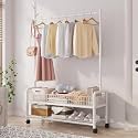 Ozoy Metal Multifunctional Garment Stand Cloth Rack Freestanding Storage Organizer with Bottom Shelves Single Pole Coat Hanger - 176x 90x 35 CM (Carbon-White-Coat-rack)