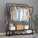 Ozoy Metal Multifunctional Garment Stand Cloth Rack Freestanding Storage Organizer with Bottom Shelves Single Pole Coat Hanger - 150 x 110 x 40 CM (RAIL-BLACK-COAT-RACK)