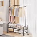 Ozoy Metal Multifunctional Garment Stand Cloth Rack Freestanding Storage Organizer with Bottom Shelves Single Pole Coat Hanger - 176x 90x 35 CM (Carbon-Black-Coat-rack)