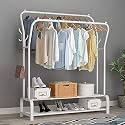 Ozoy Metal Multifunctional Garment Stand Cloth Rack Freestanding Storage Organizer with Bottom Shelves Single Pole Coat Hanger - 150 x 110 x 40 CM (RAIL-WHITE-COAT-RACK)
