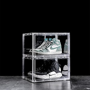 ozoy multipurpose 2 pack sneaker containers bins shoe storage box clear plastic stackable shoe organizer for closet space saving foldable shoe sneaker containers pack of 2 white-transparent