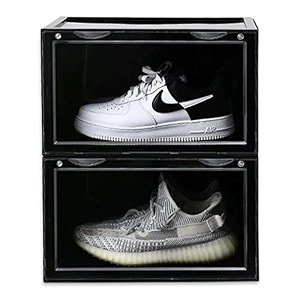 ozoy multipurpose 2 pack sneaker containers bins shoe storage box clear plastic stackable shoe organizer for closet space saving foldable shoe sneaker containers pack of 2 black